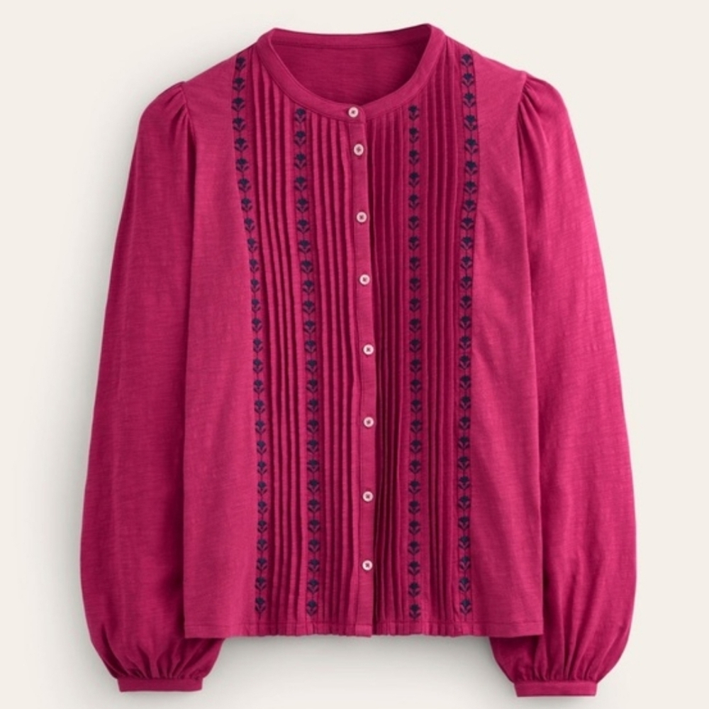 Boden Fuchsia Blouse with Navy Embroidery
